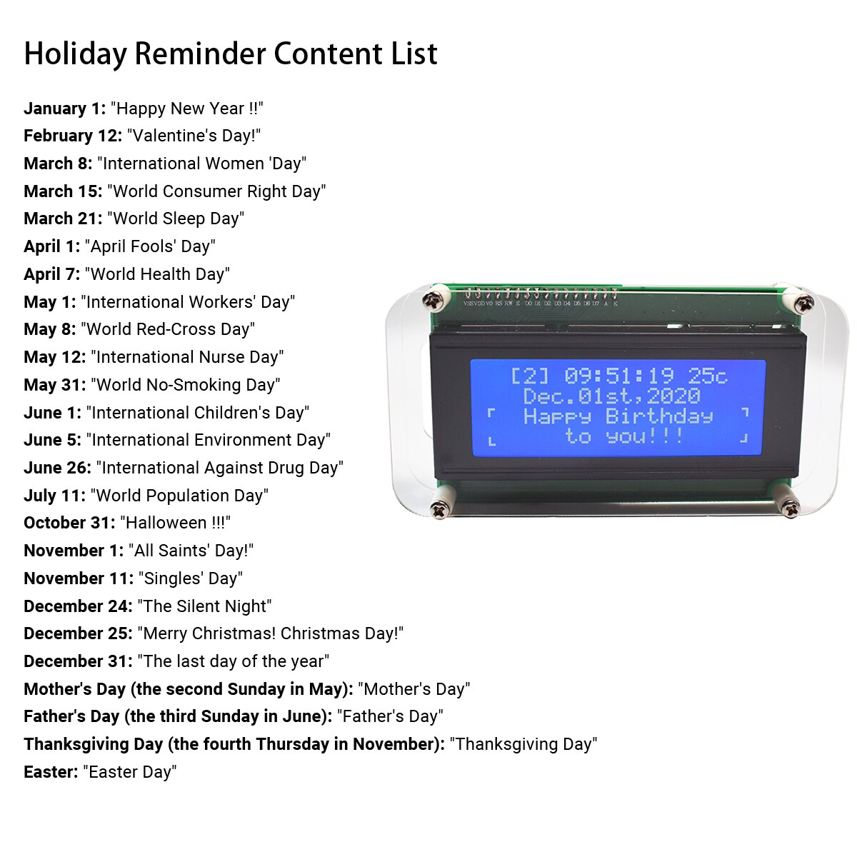 Klok Module Kit Lcd Muziek Klok Grote Lettertype 4-Digit Digitale Multifunctionele Klok Met Tijd/Datum/Week/Temperatuur/Wekker