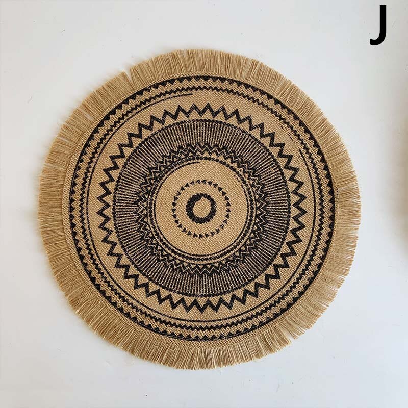 Prachtige Geweven Jute Katoen Tafel Mat Bohemian Stijl Afdrukken Placemat Ronde Voedsel Pad Dining Servies Coaster Keuken Decor: J