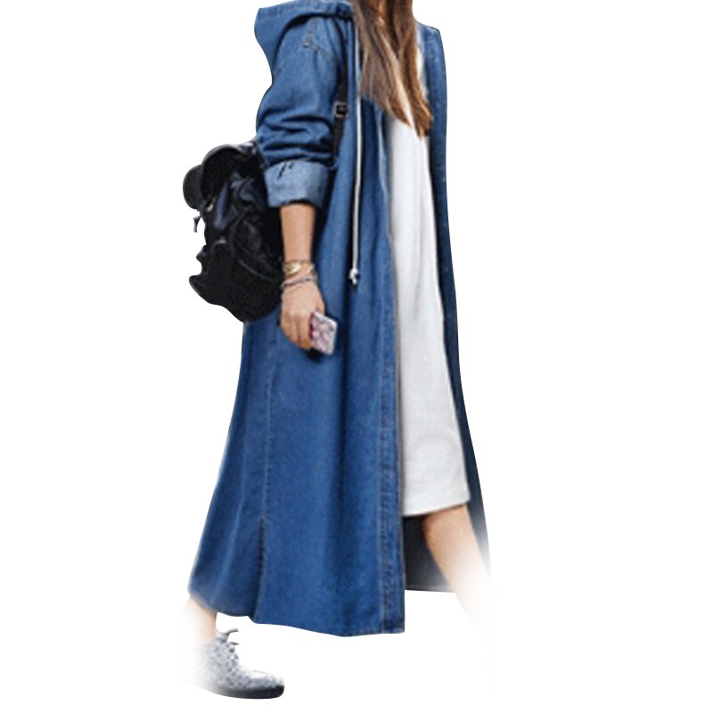 Women Loose Long Sleeve Hooded Denim Jacket Coat Ladies Casual Buttons Long Jean Coat Cardigan Outwear Tops: Blue / S