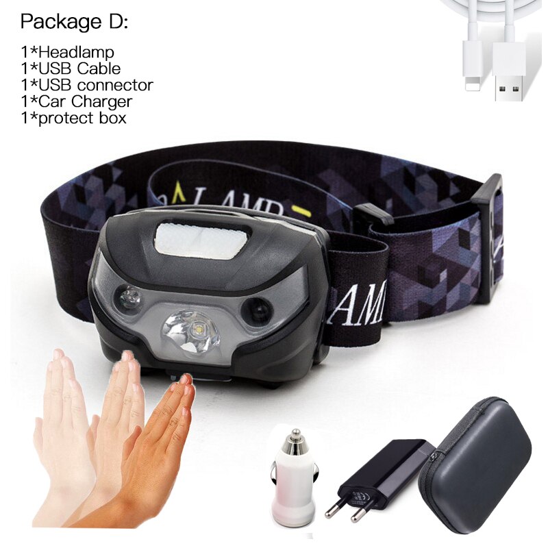 Inductive sensor LED Headlamp 6000LM Super bright Built-in Battery USB rechargeable 5Modes LED Headlight for running, fishing: D