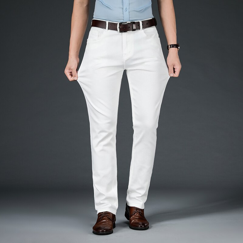 Herfst heren witte rechte jeans klassieke stijl zakelijke katoenen elastische denim broek heren merk broeken