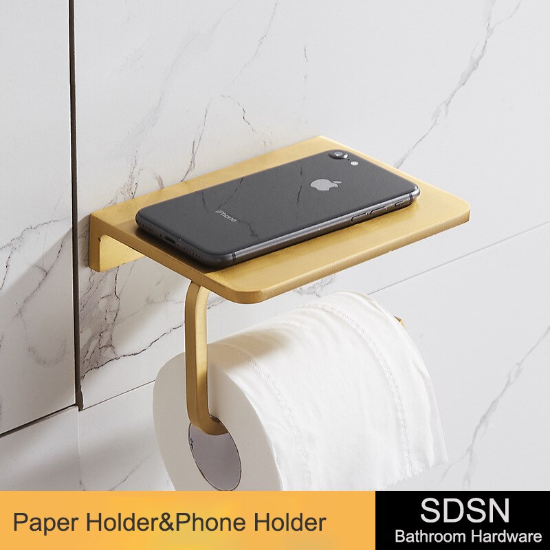 Barhroom Hardware Sets SDSN Brushed Gold Bathroom Hardware Set Space Aluminum Toilet Brusher Holder Bathroom Towel Rack Hook: paper-holder