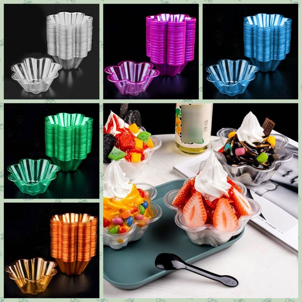 50 plastikowe kubki do lodów w kształcie kwiatka, przezroczyste, jednorazowe, pogrubione, 250ml/300ml kubki do deserów, jogurt