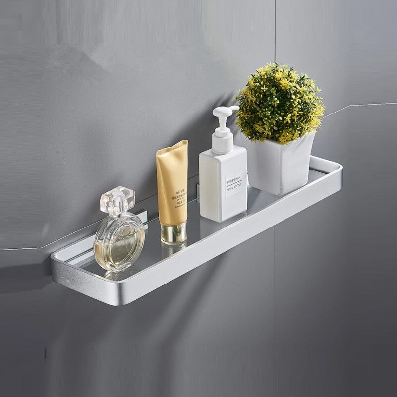 Badeværelseshylde bad bruser hylde søm fri glas hylde satin badeværelse hjørne hylde 25-50cm aluminium køkken opbevaring holder