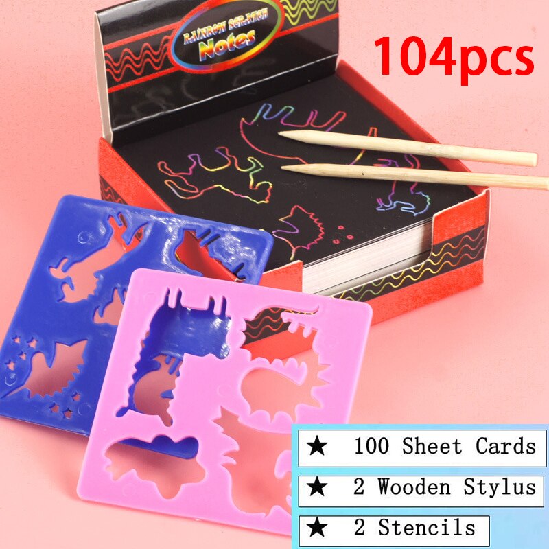 104 pcs mini rainbow scratch paper art craft kits kids diy drawing toy with graffiti stencil stylus scraping painting card: 104 pcs
