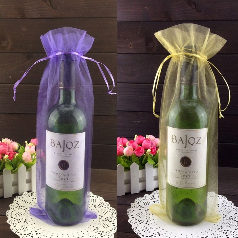 50 Stuks 15X37Cm Goud Koord Organza Wijn Zak Voor Wedding Party Xmas Champagne Fles Houder Zakjes