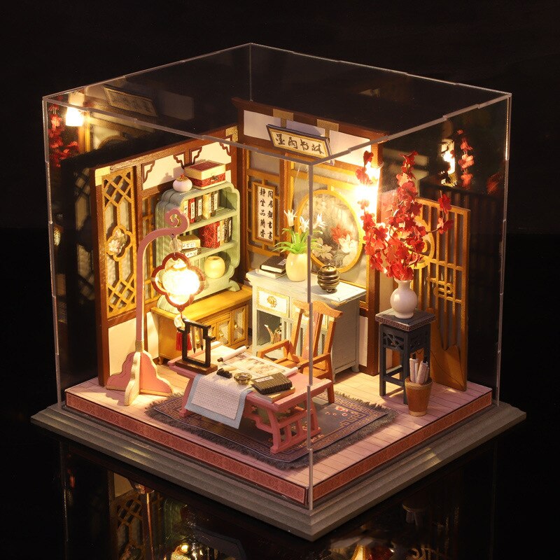 DIY Holz Puppe Haus Bausatz Montiert Miniatur Möbel mit Zubehör Chinesische Casa Licht Puppenhaus Spielzeug für Erwachsene Weihnachten: D mit Staub Startseite