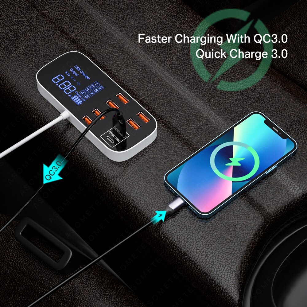 Quick Charge 3.0 Car Charger 40W 8 Ports USB Fast Phone Charger QC 3.0 USB Type C Car Charger for Samsung Huawei Xiaomi iPhone