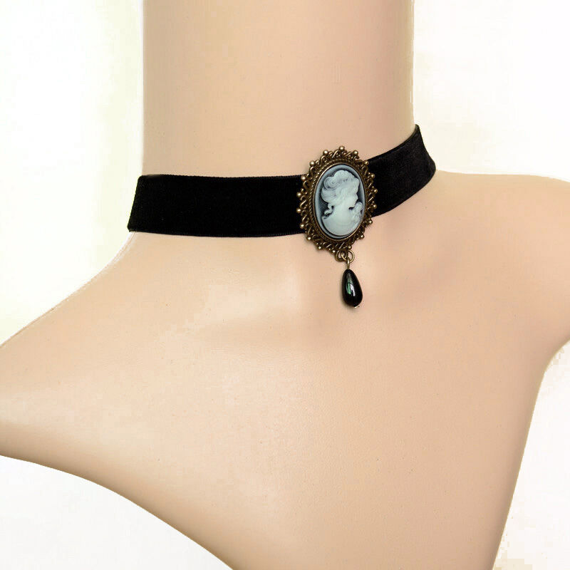 Vintage Gothic Victorian Cameo Chokers Necklace Simple Bead Pendant Choker Ribbon Collar Necklace