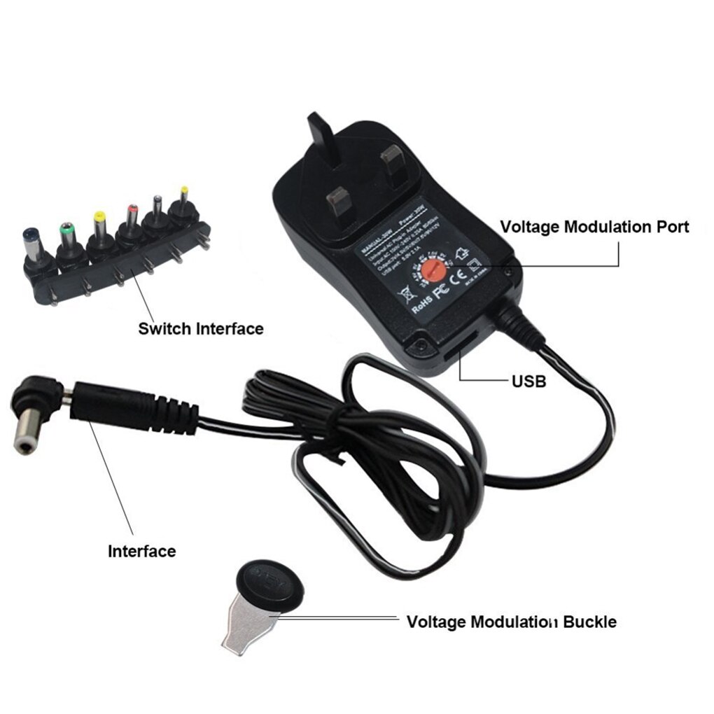 Draagbare Ac/Dc Adapter Switching Regelbare Voeding Transformator Converter 8 Plug 30W Voor 3V Om 12V Elektronica Led Strip