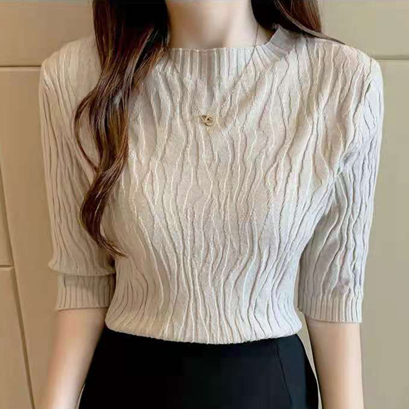 Forår sommer koreansk ensfarvet sweater kvinder kortærmede toppe pull femme afslappet slank kvindelig pullover strikket tøj: Khaki