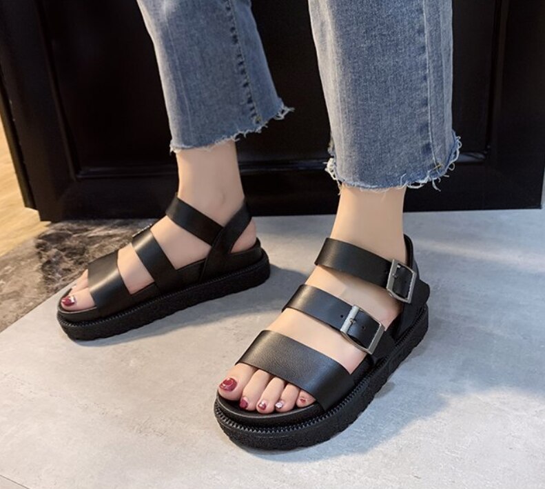 Sandalias de plataforma plana para mujer, zapatos planos para caminar de estilo gladiador con cuero suave de punta abierta y tacón con cuña, adecuados para el verano