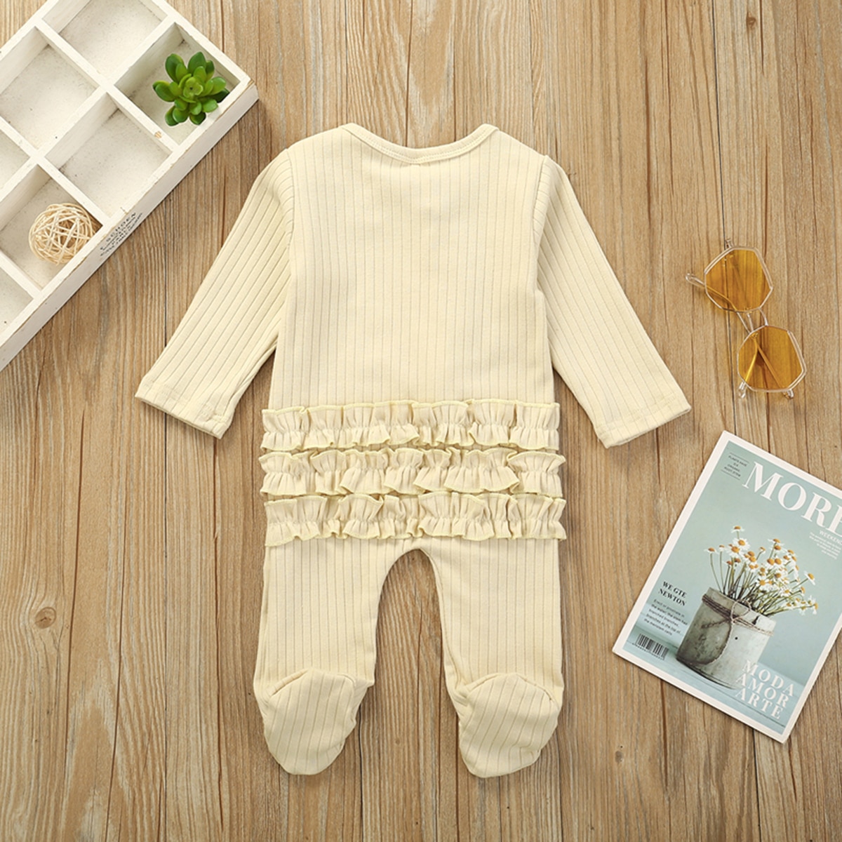 Citgeett Autumn Solid Newborn One-piece Footies Pajamas Infant Long Sleeve Round Neck Ruffle Nightclothes