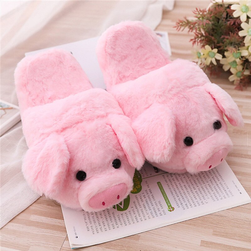 Women's Slippers Winter Velvet Short Plush Slippers Couple Comfy Home Slippers Cute Pig Shoes for Women: 7.5