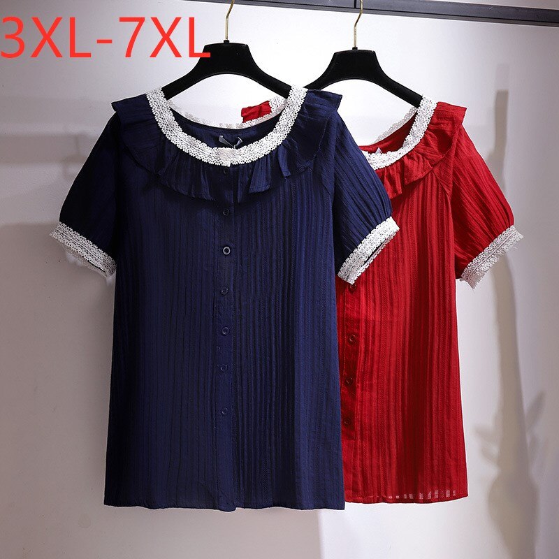 Ladies Summer Plus Size Tops For Women Large Blouse Short Sleeve Loose Casual Lace Cotton Button Shirt 4XL 5XL 6XL 7XL