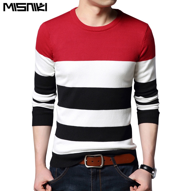 Misniki efterår afslappet herre sweater o hals stribet slim fit strik herre sweatere pullovere herre pull homme s -3xl jp52