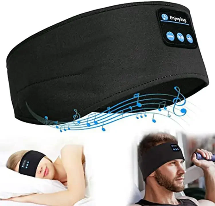 Bluetooth Sleeping Headphones Sports Headband Thin Soft Elastic Comfortable Wireless Music Earphones Eye Mask for Side Sleeper: black