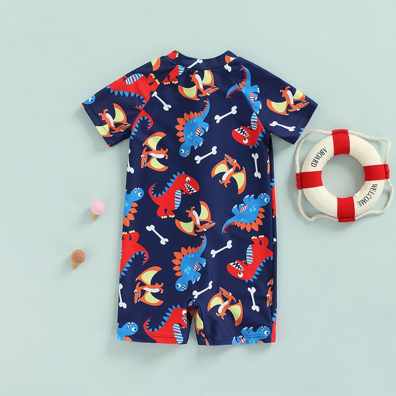 2022 6M-5T Jongens Zwemmen Jumpsuit Korte Mouw Stand Kraag Rits Cartoon Dinosaurus Print Shorts Zomer strand Badmode