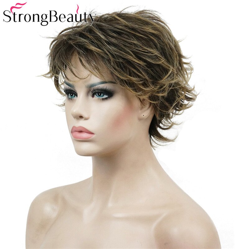 StrongBeauty Short Straight Synthetic Capless Wig Brown/Blonde Mix Layered Haircut Hair Natural Wigs