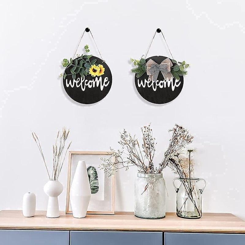 Welcome Wreath Sign Patio Decor, Welcome Front Door Round Wooden Sign Hanging Farmhouse Porch Summer Welcome Sign