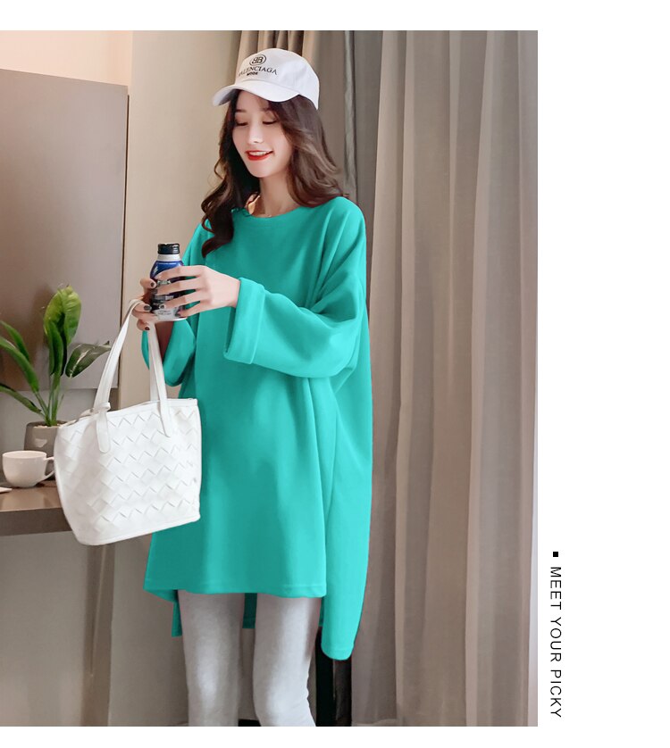 Good Pregnant Women Long Loose T-shirt Solid Color High Low Irregular Maternity Cotton Tees Plus Size Pregnancy Tops: Green / L