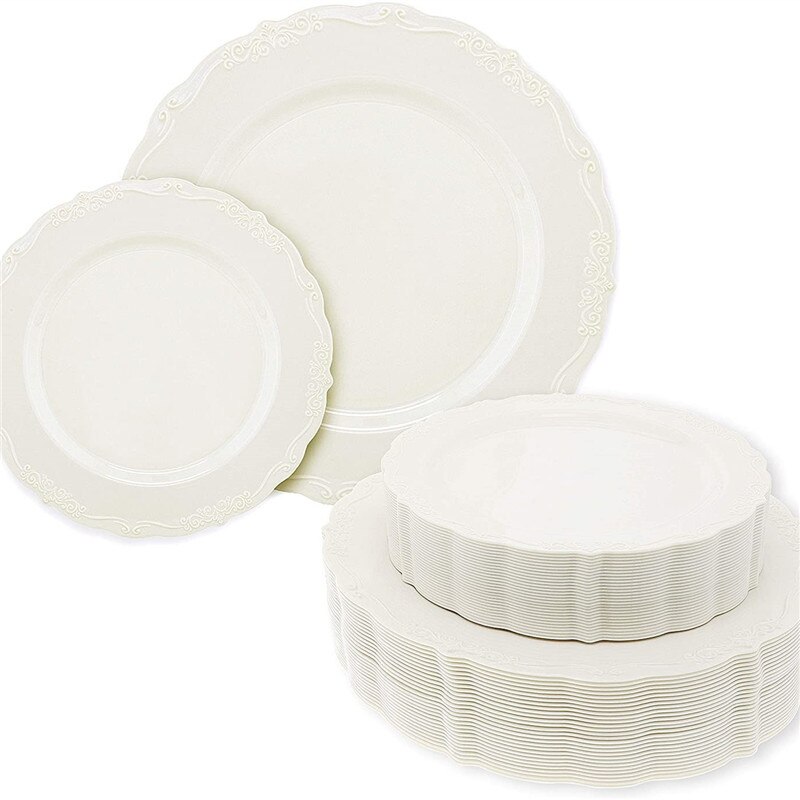 7.5 10.25 Inch Europese Plaat Bruiloft Banket Buffet Opluchting Kant Plaat Steak Dessertbord Wegwerp Plastic Plaat 12Pcs