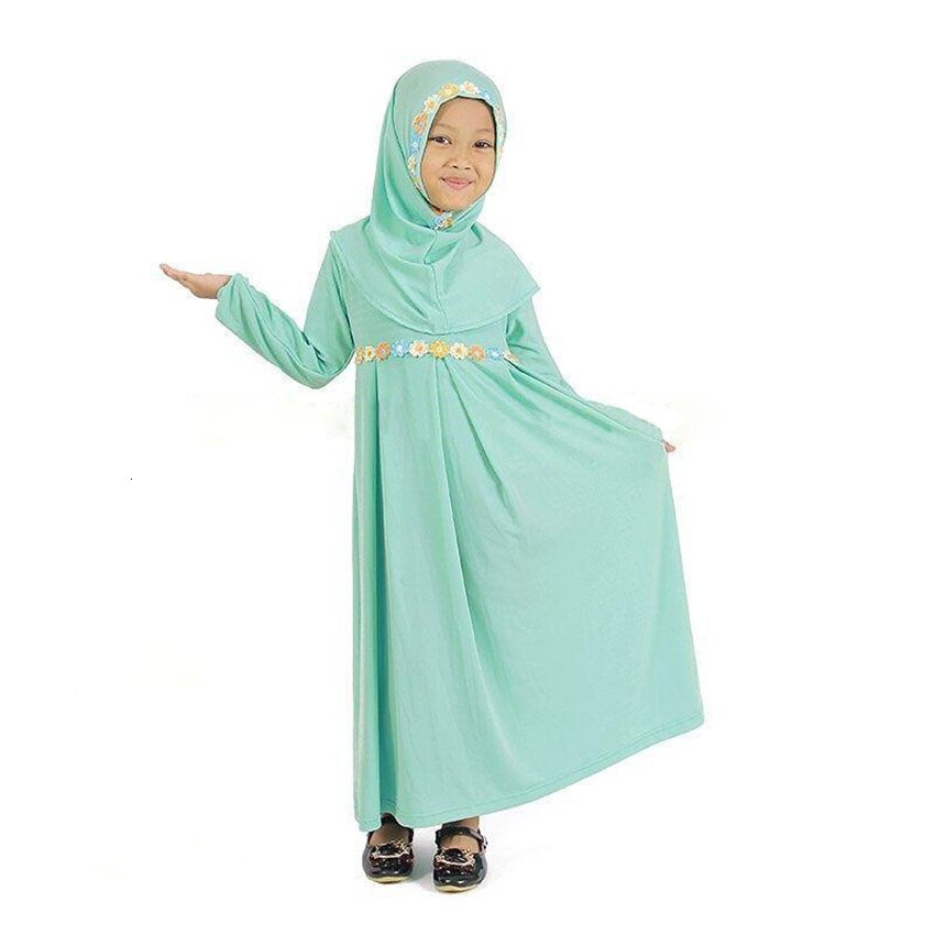 Kinder abaya meisjesjurk moslim abaya kaftan dubai groene jurk met lange mouwen + hijab gewaad arabische islamitische kleding meisjes gewaden 1-5 jaar