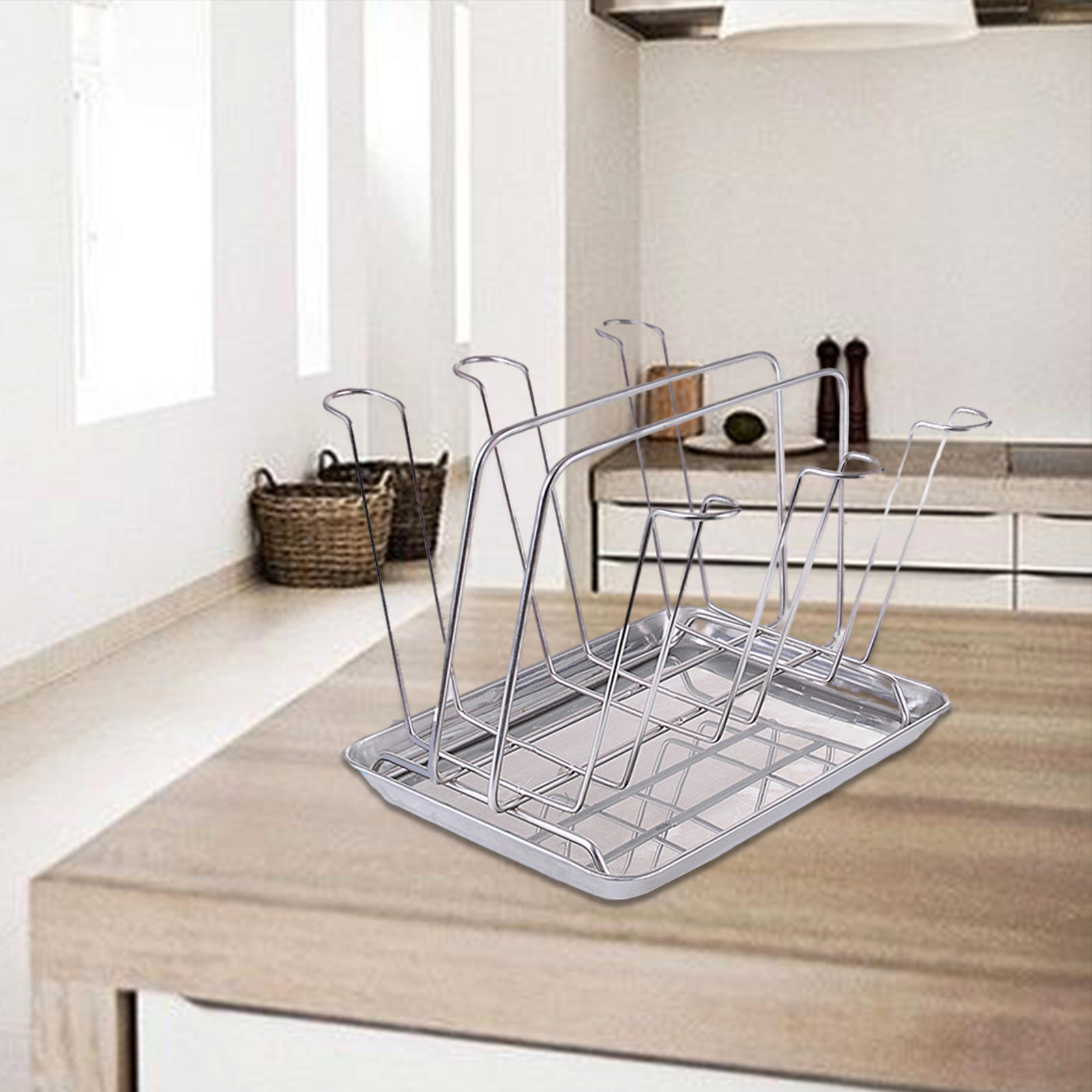 Stainless Steel Cup Drying Rack-Stand with 6 Hooks Glass Cup with Drain Tray, Hooks, Drainer-for Countertop Kitchen