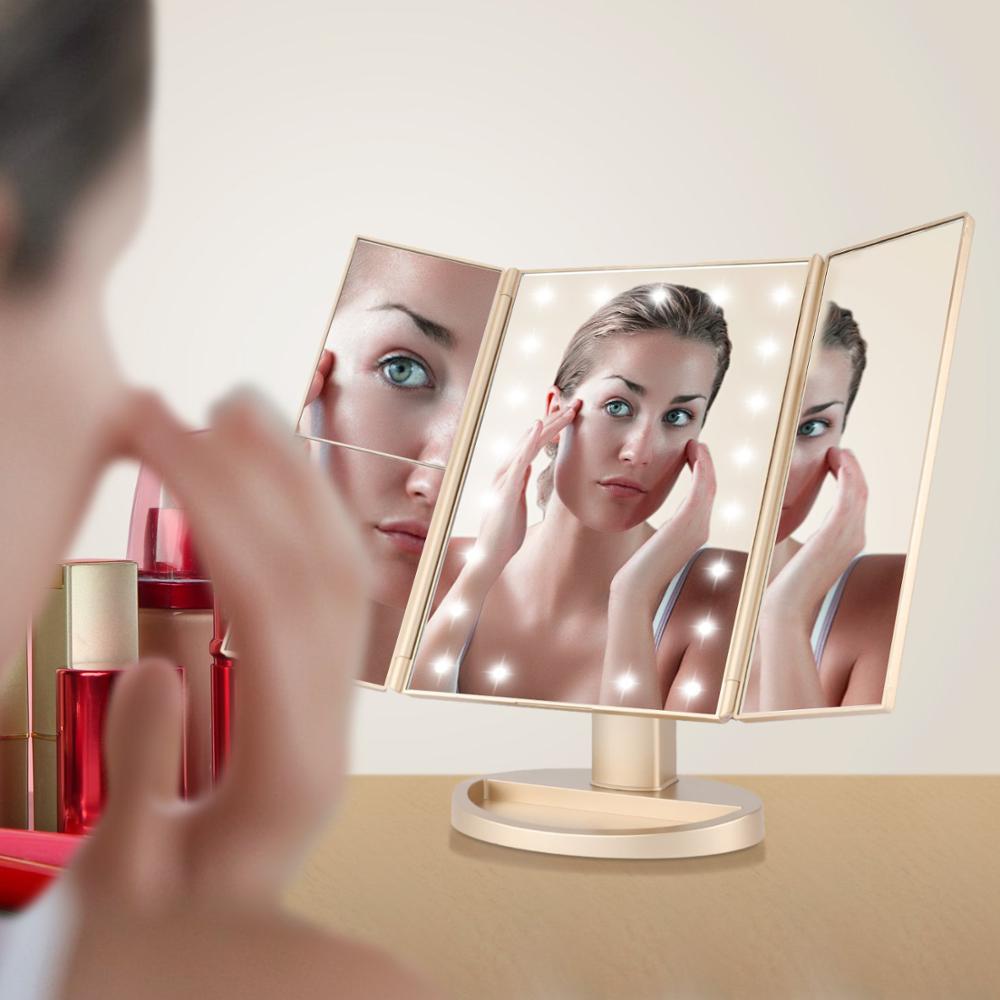 Espejo de maquillaje ligero con pantalla táctil LED, espejo cosmético de alta definición con aumento de 1X/2X/3X/10X, 22 unidades
