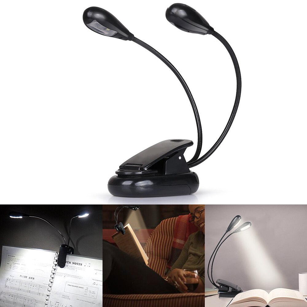 DONWEI 4LED Clip Book Reading Light Battery Powered Flexible Dual Head Clip 2 Mode Bright Reading Lamp Night Desk Light