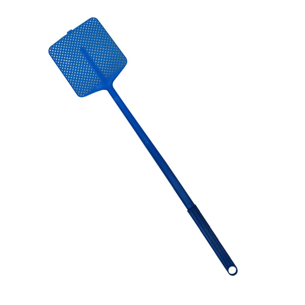 Husstand sommer pp plast flyve swatter med langt håndtag holdbart mesh fleksibelt stærkt manuelt hjem forsyninger: Blå