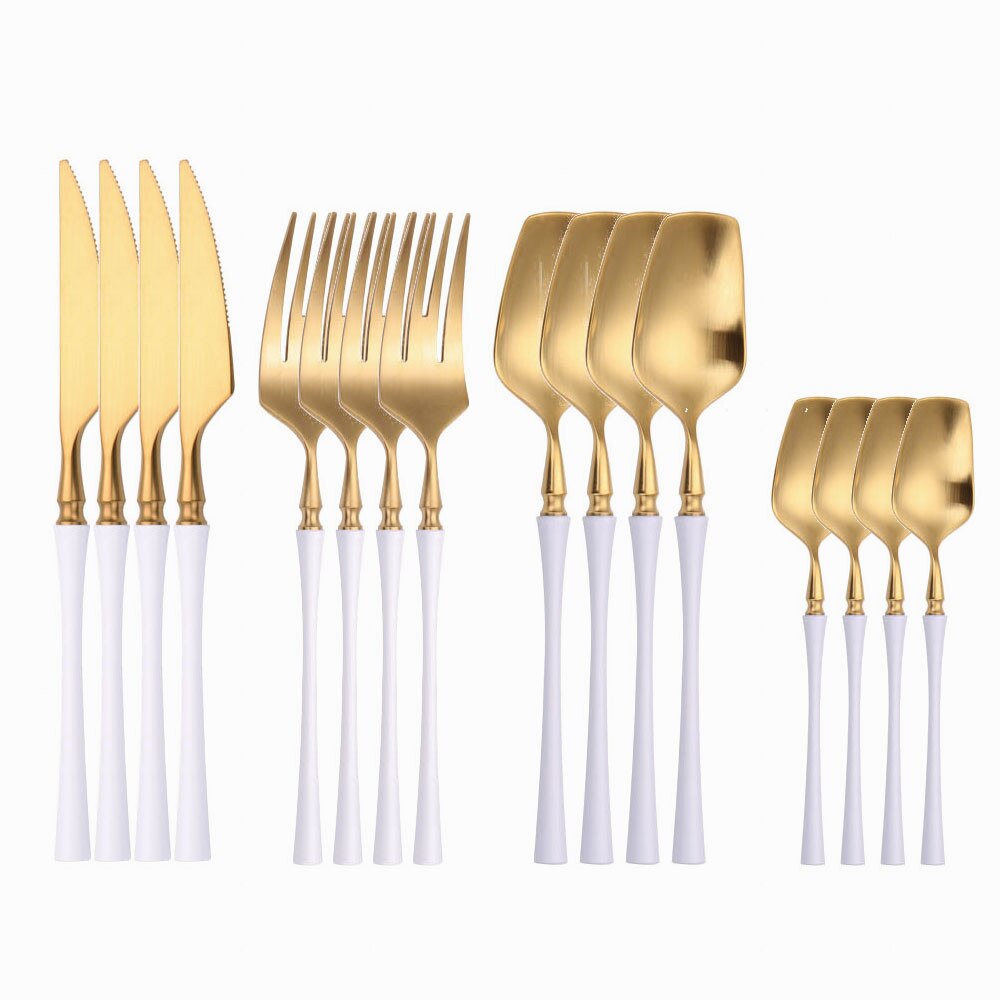 Rose Gold Tableware Forks Spoons Knives Dinnerware Set Stainless Steel Western Cutlery Set Silver Kitchen Utensils Dropshopping: white gold 16pcs