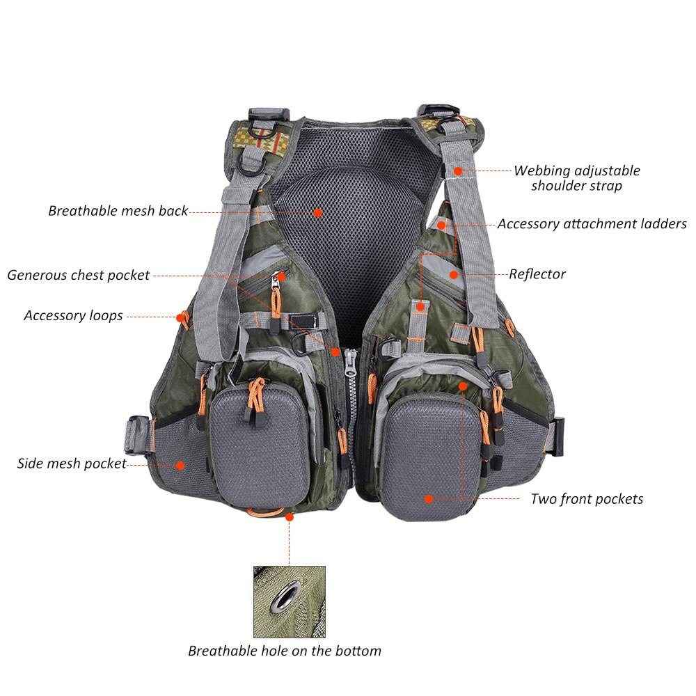 Lixada-Chaleco de Pesca con mosca 3 en 1, Combo de mochila, verde del ejército, chaqueta de Pesca con mosca
