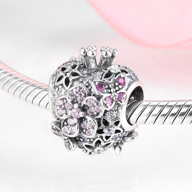 Pink Zircon Garden Flowers 925 Sterling Silver Charm for Women Original Charm Bracelet Jewelry Making