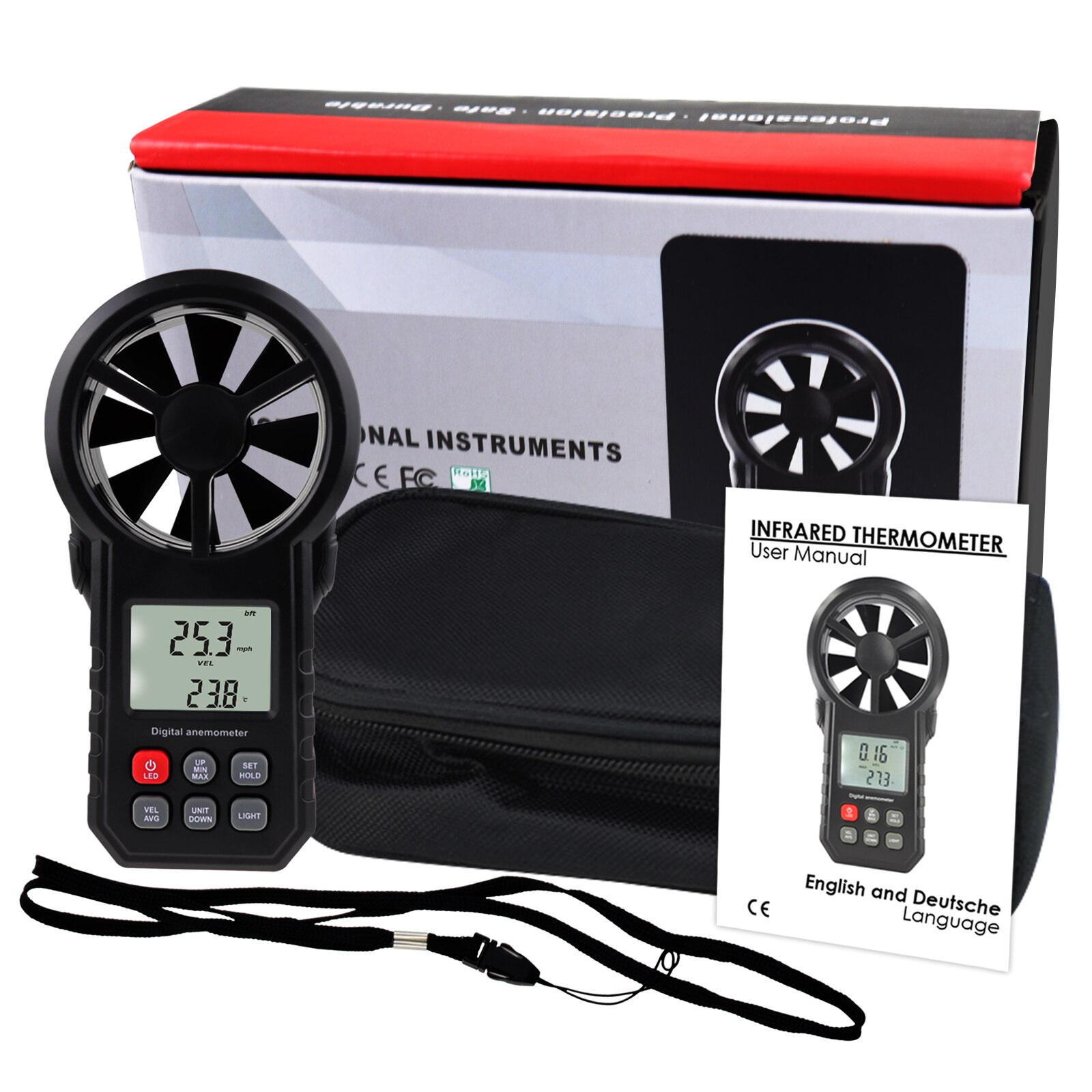 Digital Wind Speed / Air Velocity / Temperature Anemometer Thermometer Barometer Backlight Humidity Meter w/ Tripod Mount Hole