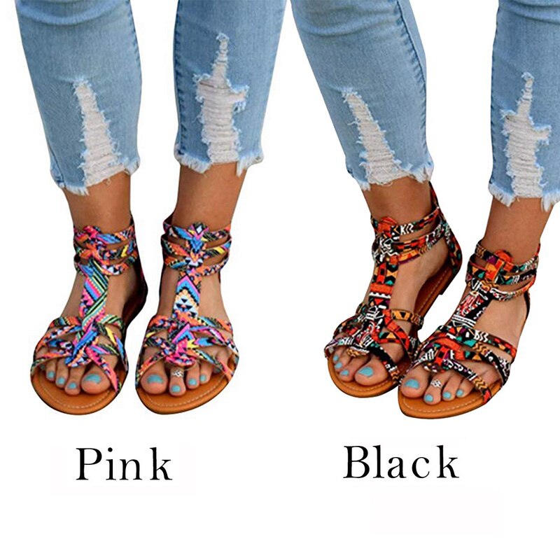 Bohème femme plage chaussures plates sandales à la imprimé mujer coloré femme plage sandales décontracté grande taille chaussures en plein air