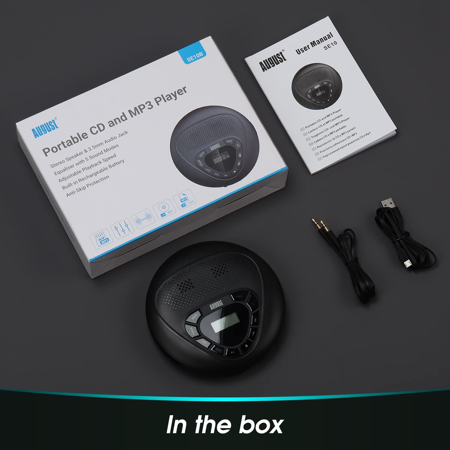 August  se10 tragbarer cd-player mit kopfhöreranschluss, hifi-musikwiedergabe, wiederaufladbarer cd-player mit aux-kabel und tf-kartenunterstützung.