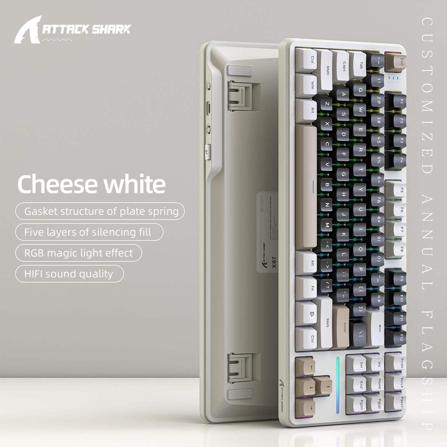 Klawiatura do gier Attack Shark X87 Macro Drive, klawiatura mechaniczna Bluetooth z grawerowaną bokiem półprzezroczystą postacią, RGB, Hot-Swap: Pomarańczowy