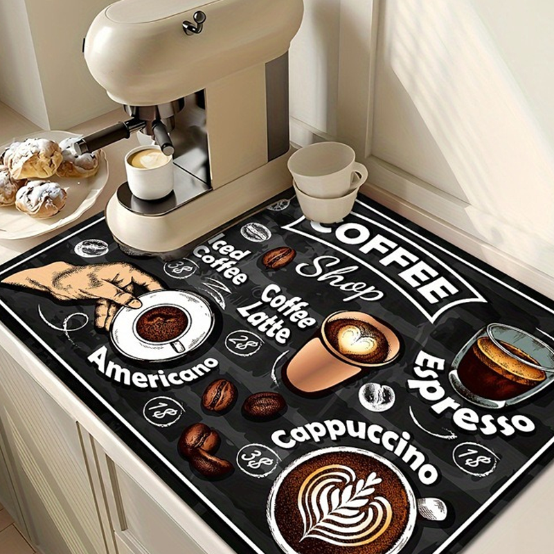 Kreative Küchen-Trockenmatte mit Kaffeedruck, weiches Gummi, rutschfest, saugfähig, schmutzabweisend, Matten für Kaffeebar, Arbeitsplatten, Geschirrmatte