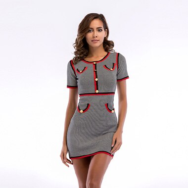 Mode Zomer Jurk Vrouwen Houndstooth Korte Mouw O-hals Stiksels Knop Casual Pakket Hip Gebreide Jurken vestido: M