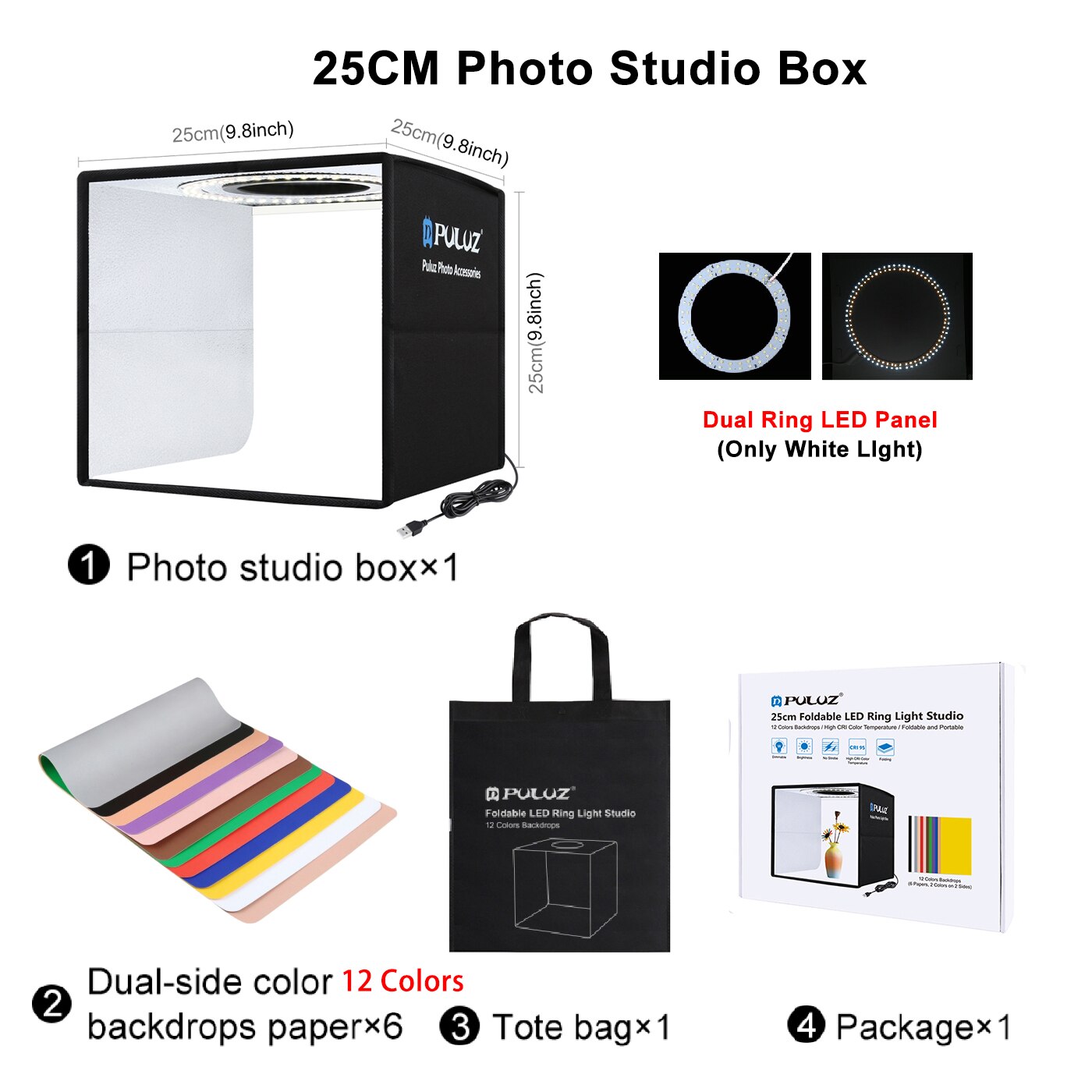 Puluz Mini Photo Studio Box Ring LED Photo Lightbox Photography Studio Shooting Box Box Kit e 6 fondali colorati Photo Softbox: 25cm New Version