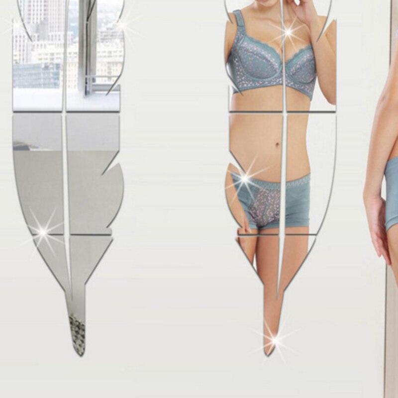 Silver DIY Acrylic Mirror Wall Stickers Feather For Living Room Bedroom Home Decals DIY Acrylic Decoration Wall Stickers