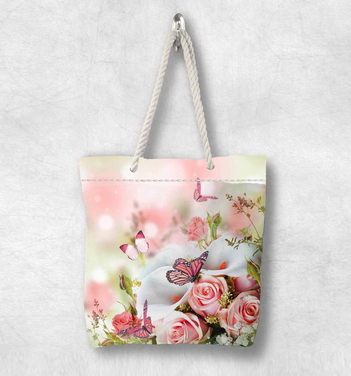 Anders Roze Rozen Bloemen Bloemen Vlinder Wit Touw Handvat Canvas Tas Katoenen Canvas Ritssluiting Tote Bag Schoudertas
