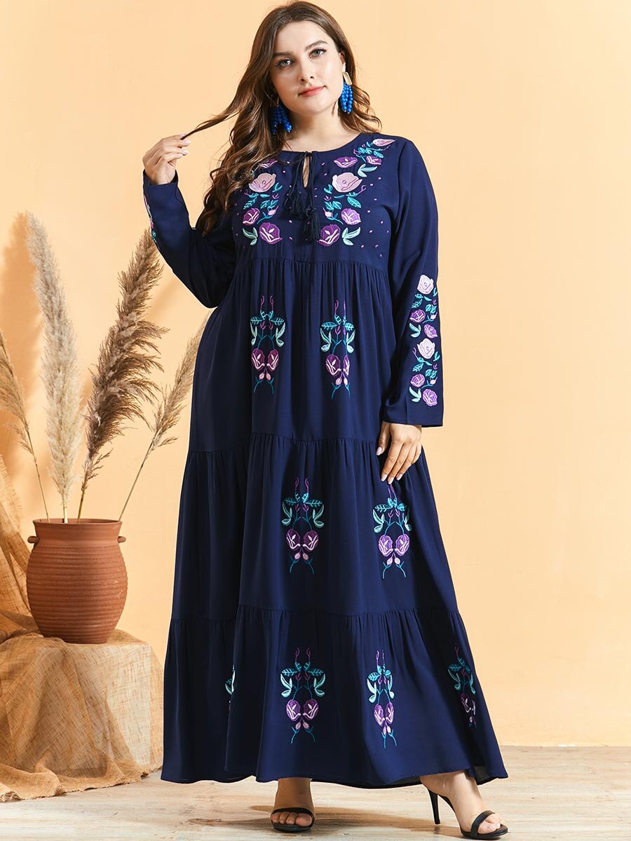 Herfst Winter Jurk Plus Size Vrouwen Lange Mouwen Borduren Bloemen Elegante Jurk Losse Oversized Maxi Lange Moslim Jurk