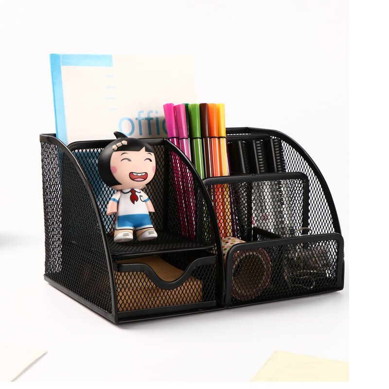 Durable Stationeries Holder Metal Mesh Basket Desk Commodity Organizer With Drawer Colorful Metallic Lacquer: Black