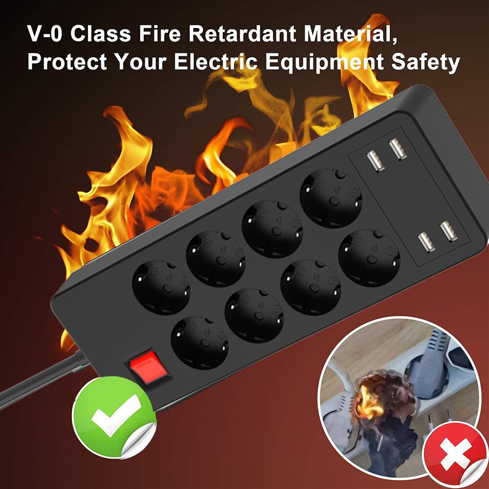 Multiprise multiprise parafoudre 8 prises ca prise ue avec chargeur USB 1.8m rallonge pour ordinateur TV Smartphone