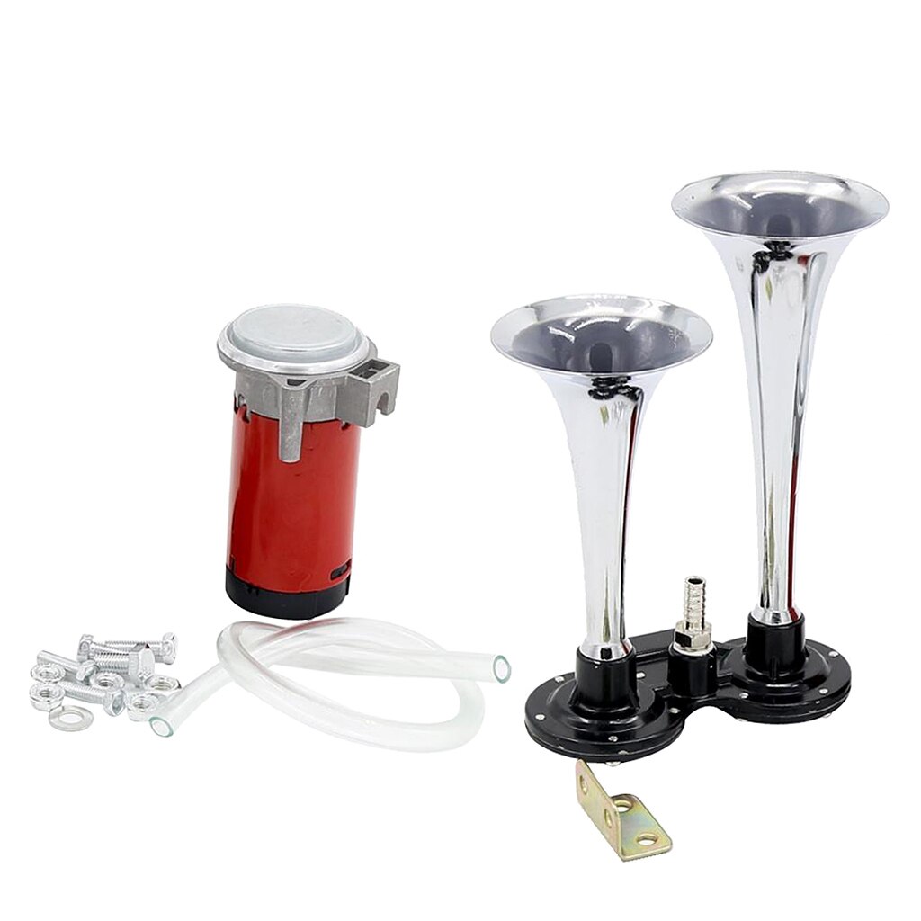12V DC Super Loud 150db Dual Trumpet Air Horn Compressor Kit, Premium Car Vehicle Train Horn Kit (Chrome)