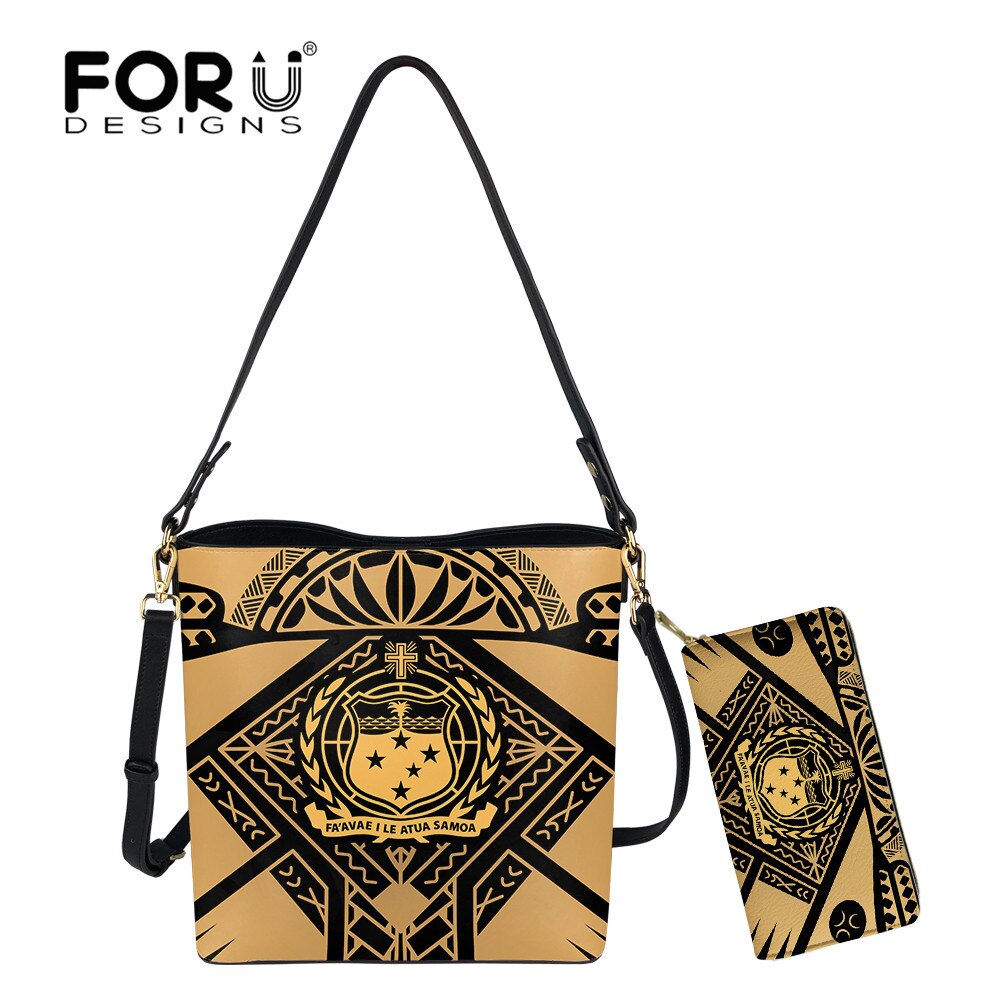 Forudesigns Vrouw Leahter Schoudertassen En Portemonnee Samoa Tribal Emmer Bag Lady Pu Top-Handvat Tas bolsa Mujer: HTE2047D61 Z21 / 2Pcs set