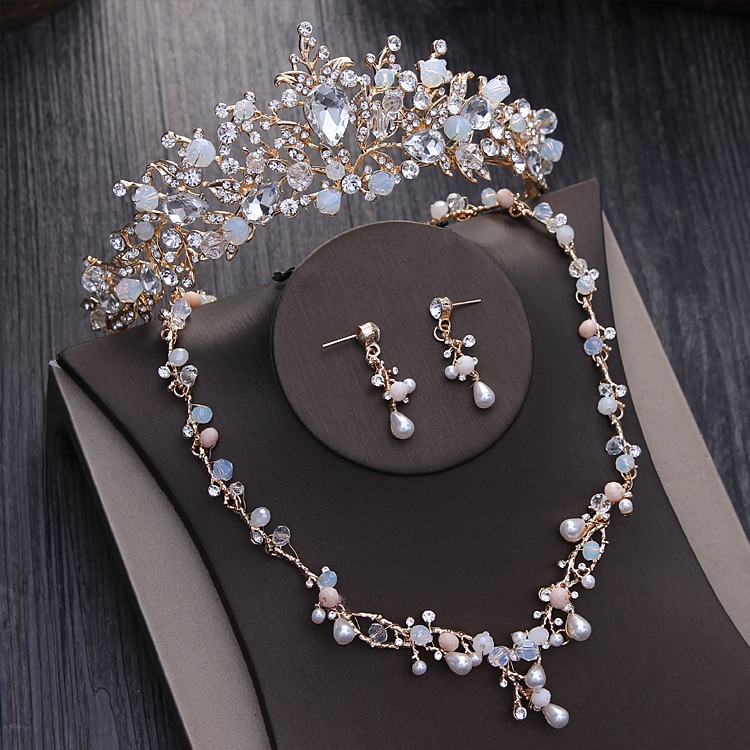 Noble Crystal Beads Pearl Gold Bridal Jewelry Sets Rhinestone Diadem Tiaras Necklace Earrings Baroque Crown Wedding Jewelry Set