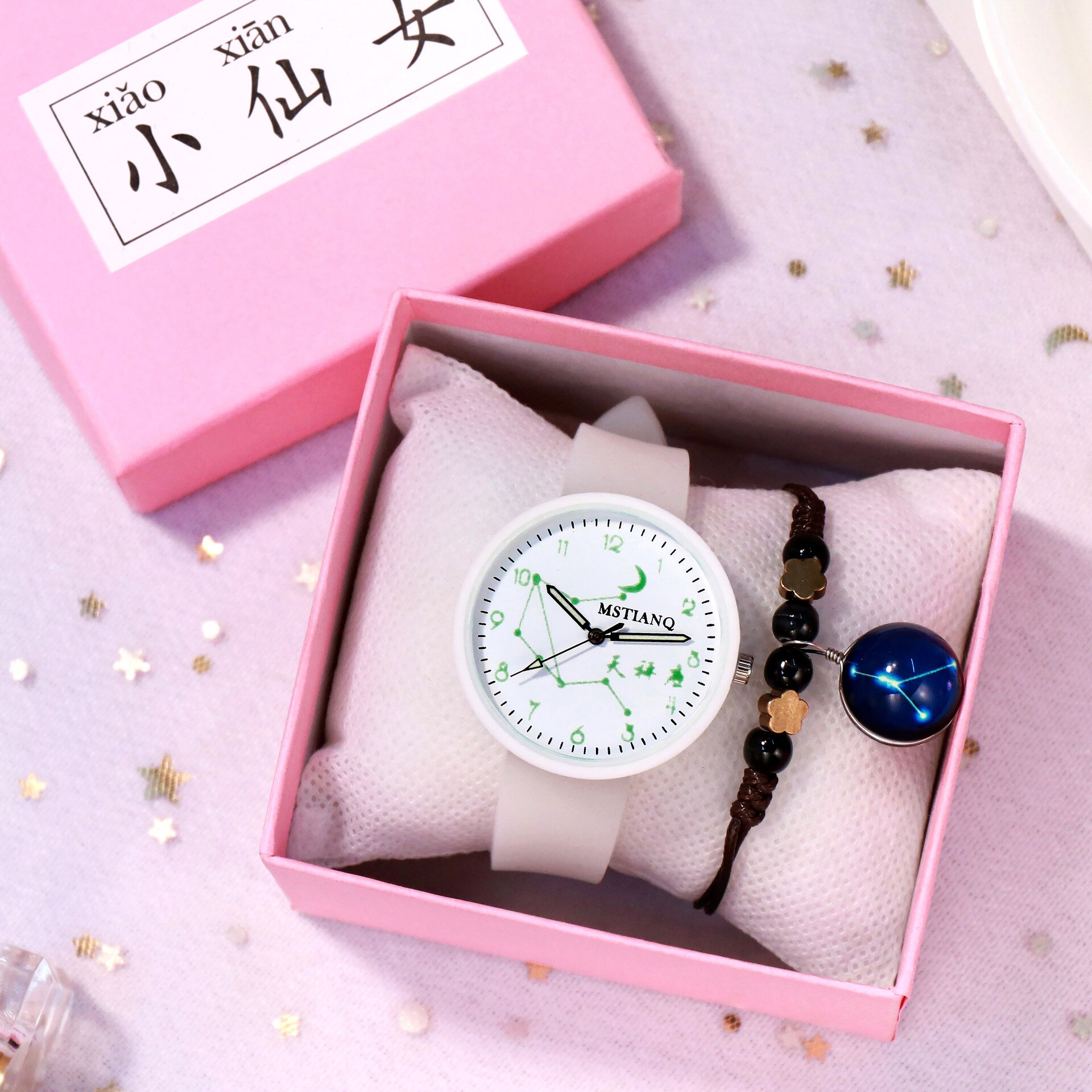12 sterrenbeelden lichtgevende dameshorloges 1 set armband polshorloges siliconen band quartz horloges relogio feminino: Weegschaal geen doos